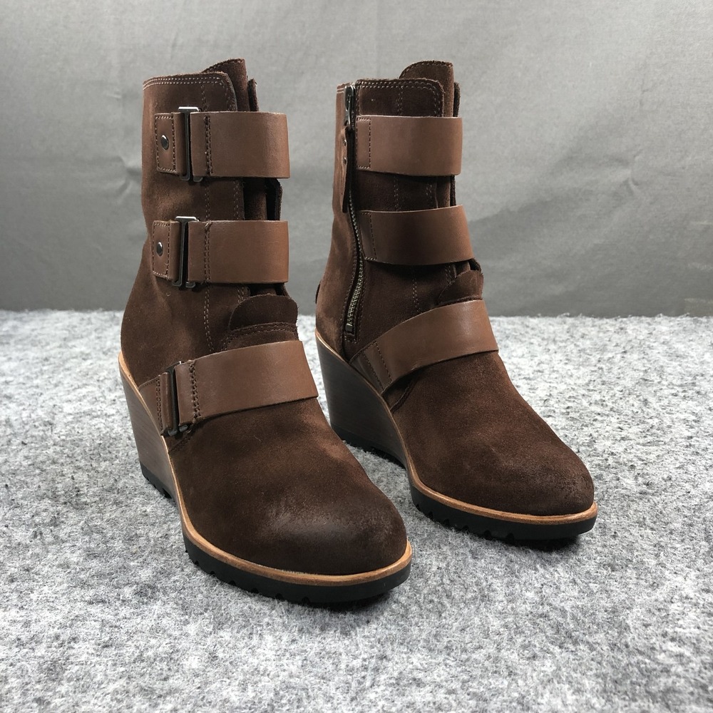 Sorel Wedge Ankle Boots Womens 7.5 Brown Suede Strap Buckle Zip NL2554-256